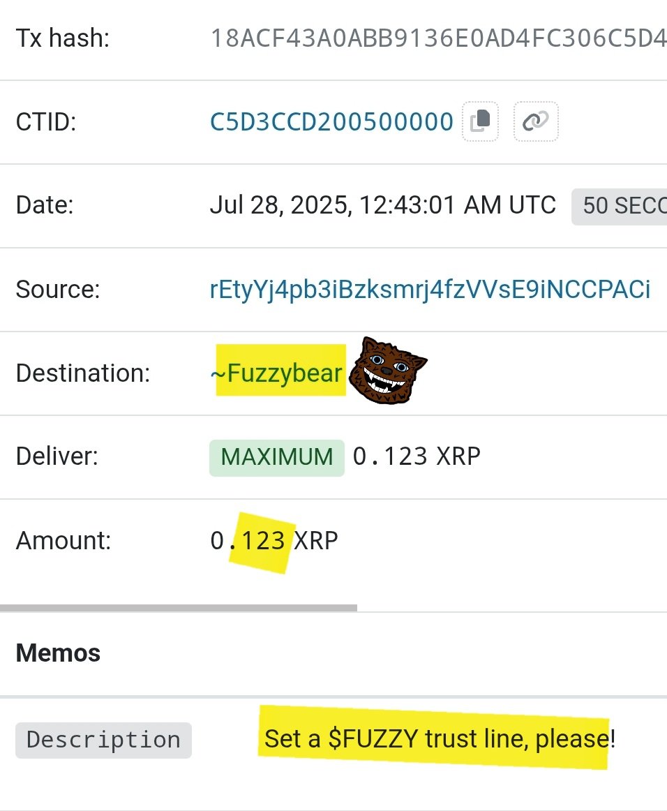 CryptoVIC619's tweet image. 🐻🌈💰
Day 122 of asking Fuzzybear wallet: Set a $FUZZY trust line, please!
@JoelKatz, @bgarlinghouse, @ahbritto, @stevewoz @RyanFugger, @elonmusk, @kimbal, @bearableguy123, @rogerkver, @JedMcCaleb
could you help us get the word out?