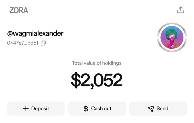 Zora dashboard showing @wagmiAlexander's total value of holdings at $2,052