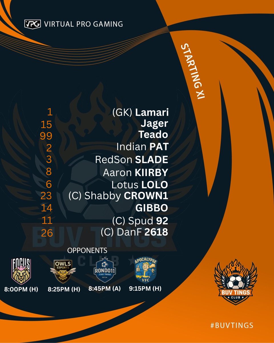 VPG Summer Season kicks off TONIGHT and the Buv Tings Club are coming in HOT 

Here’s your Starting XI for opening night 👇

🧤 GK: LAMARI
🛡️ JAGER | TEADO | PAT | SLADE
🎯 KIIRBY | LOLO 
⚔️ GIBBO | SPUD (C) | DANF2618 (C) | SHABBYCROWN1 (C)

LIVE FROM 7:40PM TONIGHT - TWITCH