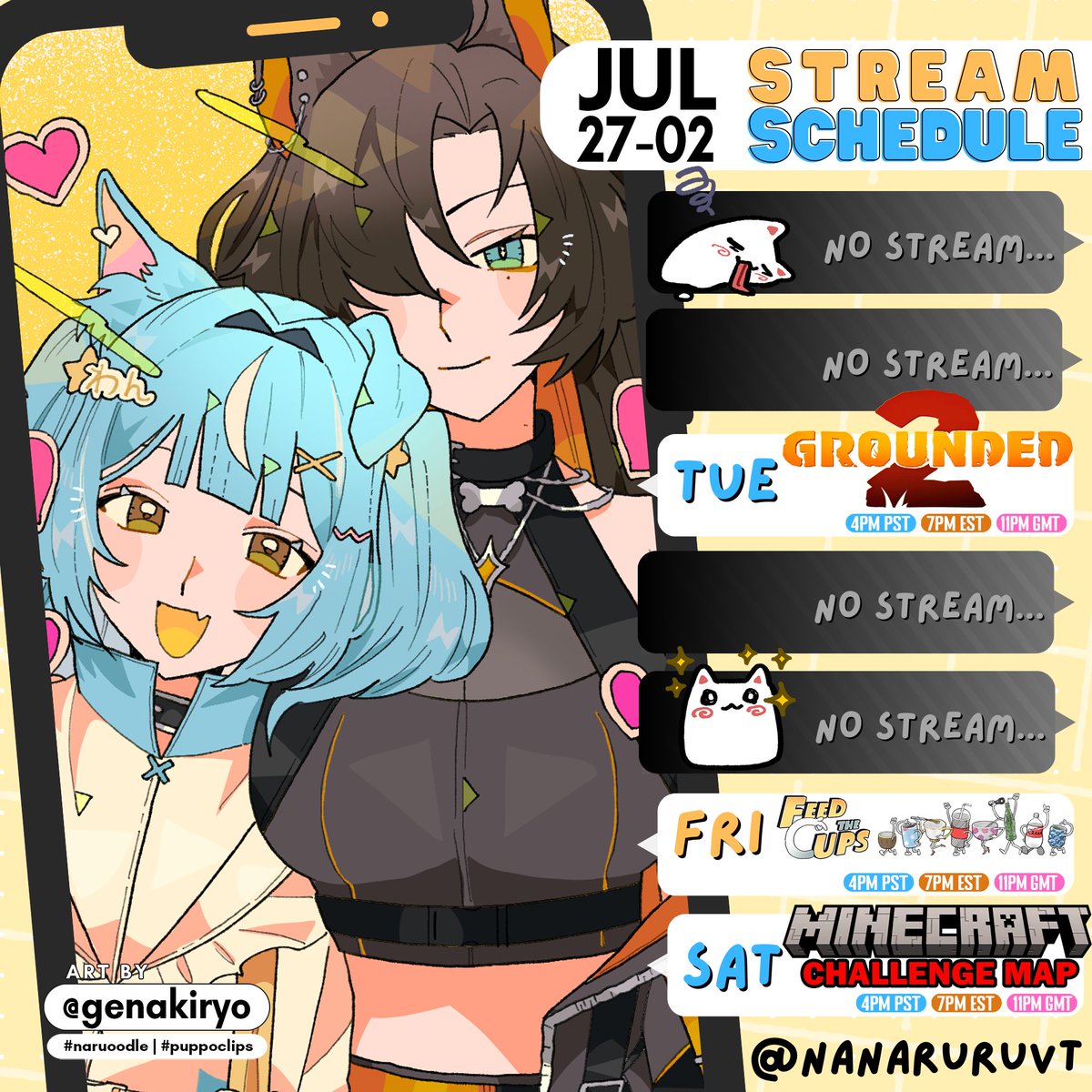NanaruruVT's tweet image. ⋆⁺₊🐶📡WEEKLY SCHEDULE【07/27→ 08/02】

Trying a NEW GAME before going back to our roots with some MC challenges and supa cozy games!
------------------------------------------
🎥#puppoclips
✏️#naruoodle
🔞#puppo34
🐶🐶#nanaruruvt