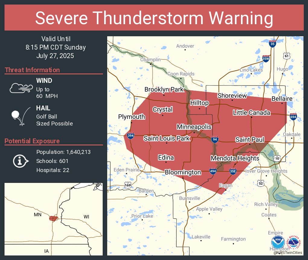 Severe Thunderstorm Warning continues for Minneapolis MN, Saint Paul MN and  Bloomington MN until 8:15 PM CDT. This storm will contain golf ball sized hail!