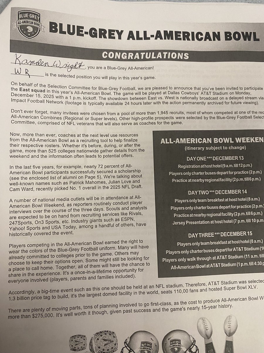 Extremely honored to be selected to play for the East team in this year’s Blue-Grey All-American Bowl.