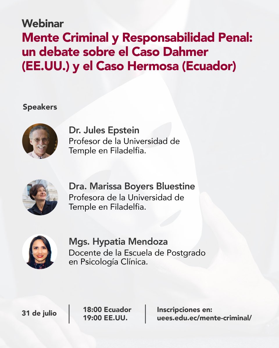 PostDerechoUEES's tweet image. 📣 La Facultad de Humanidades de @uees_ec 🇪🇨 y @TempleLaw 🇺🇸  invitan al #Webinar Mente Criminal y Responsabilidad Penal: un debate sobre el Caso Dahmer (🇺🇸) y el Caso Hermosa (🇪🇨) ⚖️

📅 31 de julio
🕟 18:00 🇪🇨 - 19:00 Filadelfia 🇺🇸 

🔗 Inscripciones: uees.edu.ec/mente-criminal/