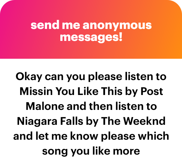 paanda113's tweet image. I just listened both of them but tbh its really difficult for me to pick one i really like the rhythm of niagara falls nd i love how weeknd sounds like obv but i really love the lyrics and picken out words for missin you like this by post
I hope it's enough 馃槶馃槶