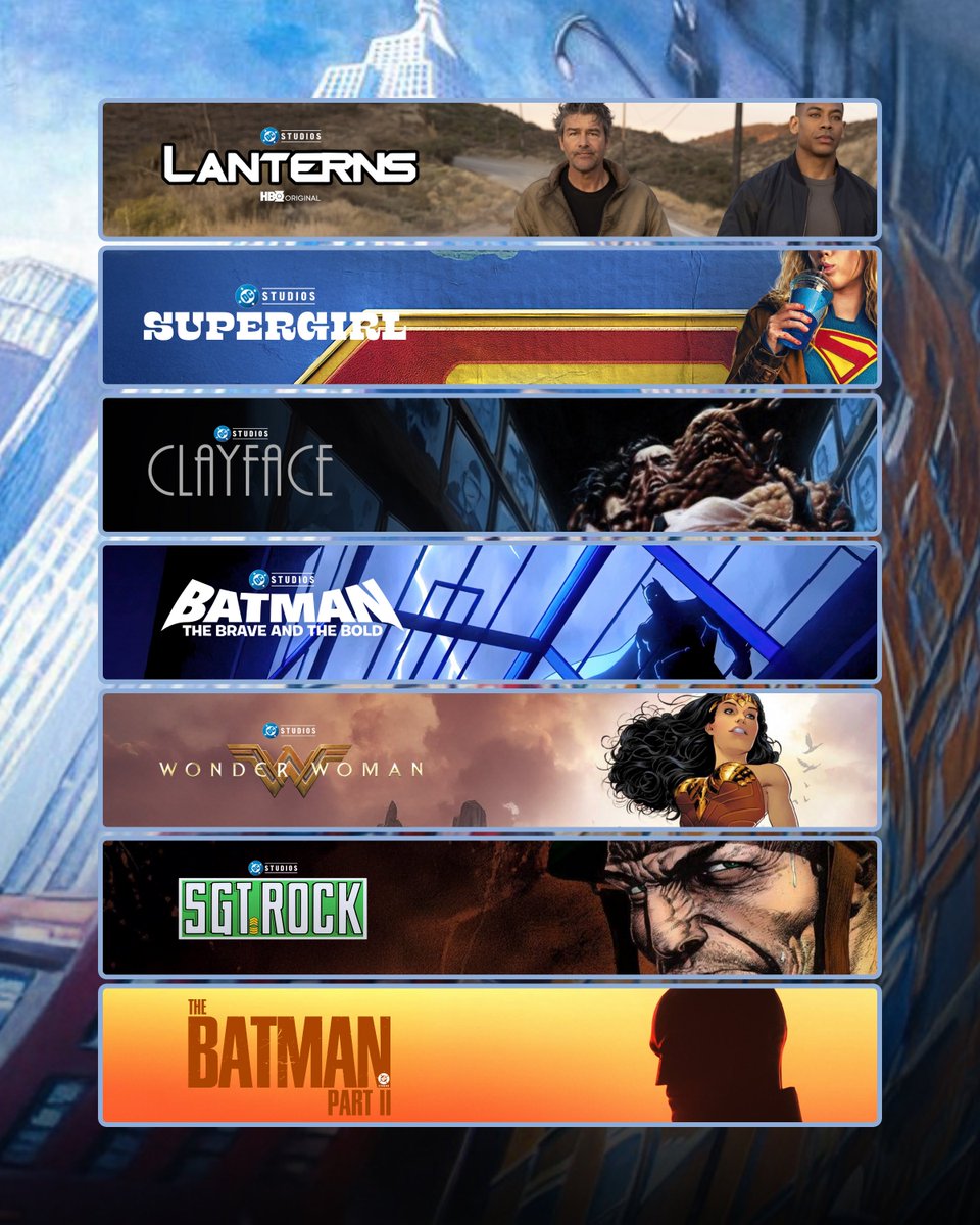 DC Film News (@dcfilmnews) on Twitter photo James Gunn outlines key DC Studios projects currently in the works:
⢠āLANTERNSā
⢠āSUPERGIRLā
⢠āCLAYFACEā
⢠āBRAVE AND THE BOLDā
⢠āWONDER WOMANā
⢠āSGT. ROCKā
⢠āTHE BATMAN PART IIā (Elseworlds)
Gunn adds that āTHE AUTHORITYā is pretty much on hold.
(Via Straw Hat James Gunn outlines key DC Studios projects currently in the works:
⢠āLANTERNSā
⢠āSUPERGIRLā
⢠āCLAYFACEā
⢠āBRAVE AND THE BOLDā
⢠āWONDER WOMANā
⢠āSGT. ROCKā
⢠āTHE BATMAN PART IIā (Elseworlds)
Gunn adds that āTHE AUTHORITYā is pretty much on hold.
(Via Straw Hat