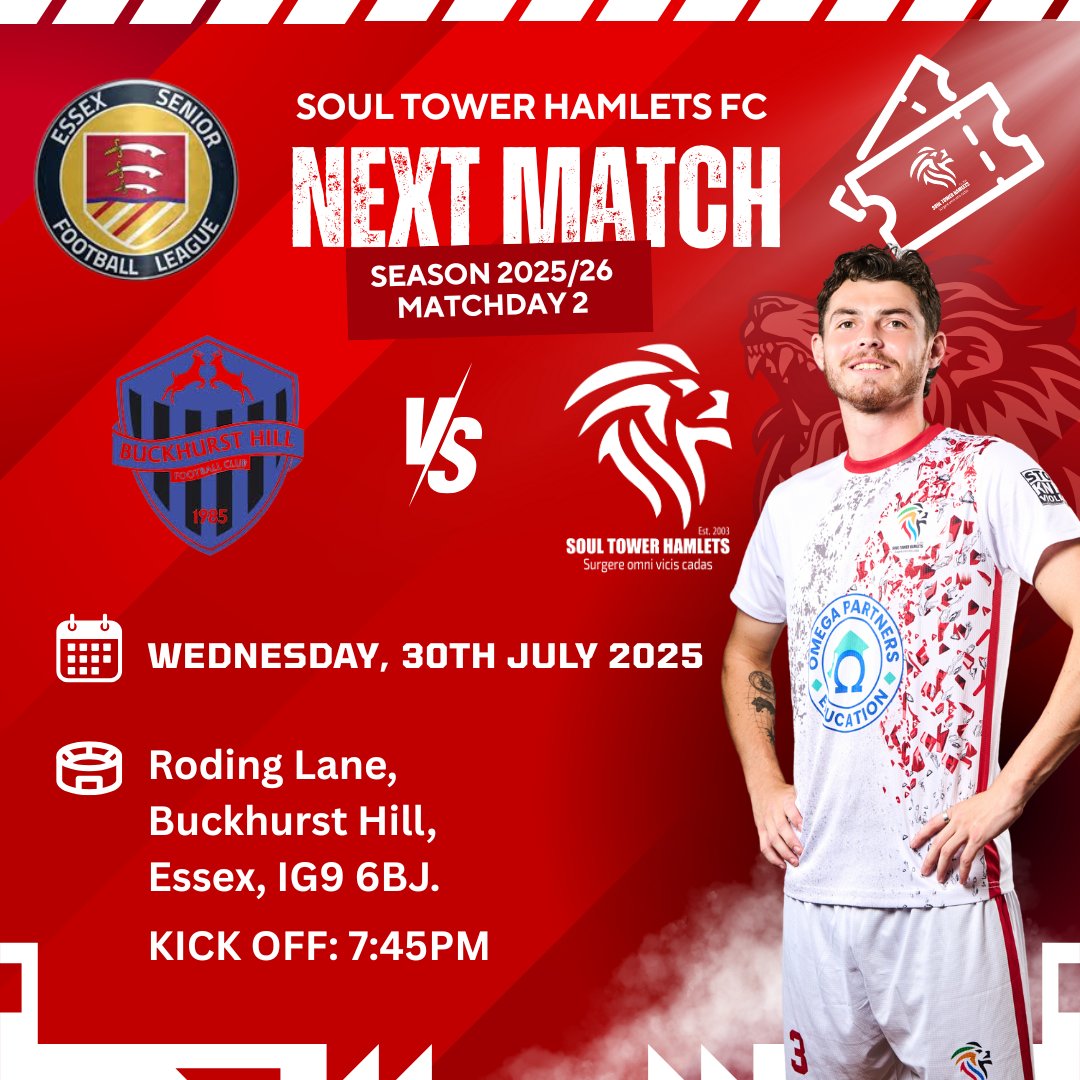 SoulTHFC's tweet image. 🔥 MATCHDAY 2
🏆 @EssexSenior
🆚 Buckhurst Hill
📅 Wednesday, 30th July 2025
🏟️ Roding Lane, Buckhurst Hill, Essex, IG9 6BJ
🕖7:45PM
Let’s bring the energy! 🦁 #UpTheSoul
#SoulTowerHamlets #EastLondonFootball #NonLeague #EssexSeniorLeague #Matchday #BuckhurstHill…