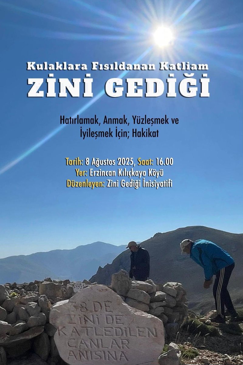 AgiAlevi's tweet image. 📍 ZİNİ GEDİĞİ ANMASINA DAVET
🗓️ 8 Ağustos 2025 Cuma | ⏰ 16.00
📌 Erzincan / Kılıçkaya Köyü
1938’de Zini Gediği’nde yargısız infazla katledilen 97 Alevi köylüyü unutmadık, unutturmayacağız!