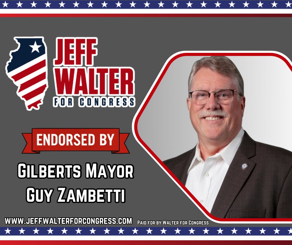 JeffWalterIL's tweet image. .@GilbertsIL2 Mayor Guy Zambetti has officially endorsed Jeff Walter for Congress. Local leadership sees Jeff’s leadership experience, community-first values, and commitment to service. Visit jeffwalterforcongress.com. #twill #IL11🇺🇸
