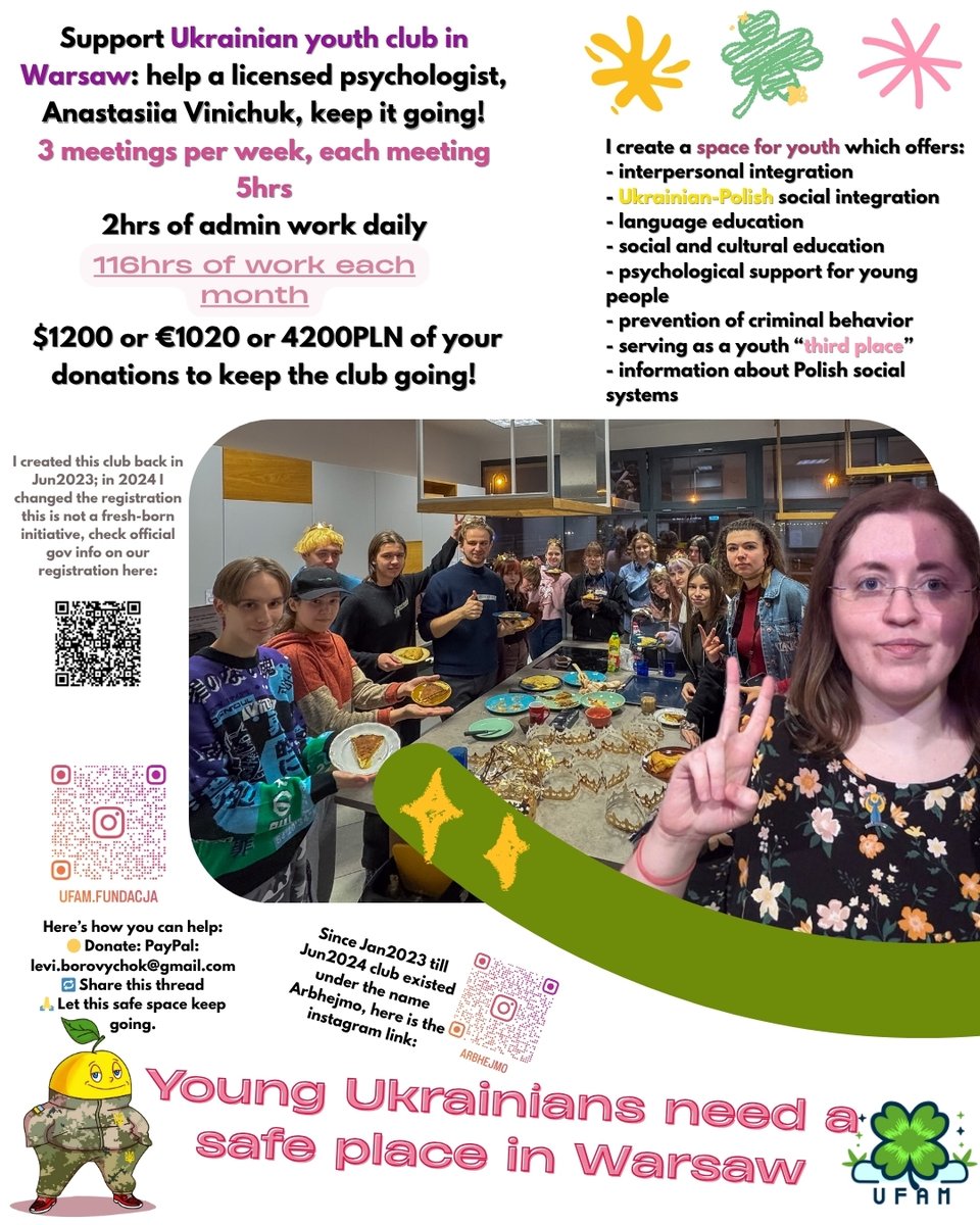 ‼️AFTER 2.5 YEARS, THIS UKRAINIAN REFUGEE TEEN CLUB IS ABOUT TO DISAPPEAR‼️

Hello, my name is Anastasiia. 
I was born in Ukraine and moved to Poland when I was 17 y.o. 
I am a 26 y.o. licensed psychologist and a crisis intervention specialist.   

For 2,5 years I have supported