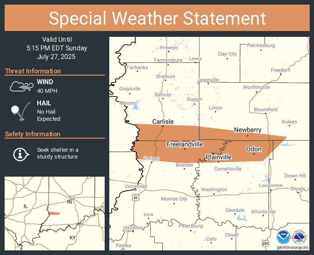 NWSIndianapolis's tweet image. A special weather statement has been issued for Odon IN, Carlisle IN and Freelandville IN until 5:15 PM EDT