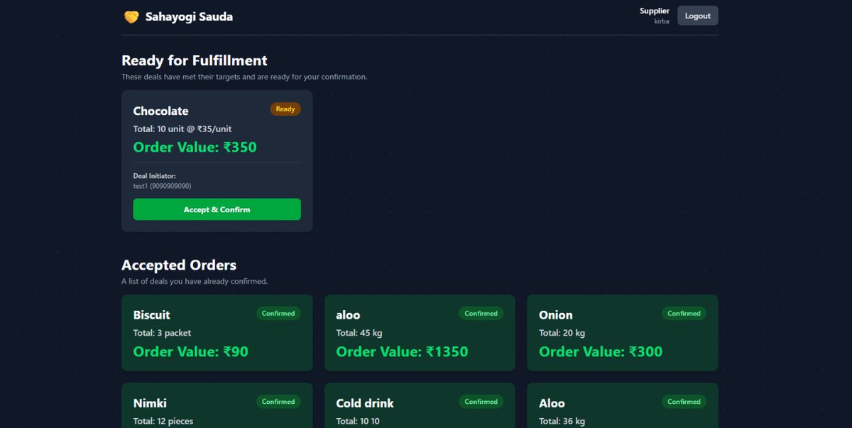 pandapratyush91's tweet photo. Sahayogi Sauda-MERN platform built at the #Tutedude hackathon!
We empower India's street vendors by enabling collaborative group buying and seamless order tracking.
Tech: MERN stack, Tailwind CSS
Live Demo: https://t.co/3jTimTmqj7
#Hackathon #WebDevelopment #MERNstack #Startup https://t.co/Kq90jODlP8