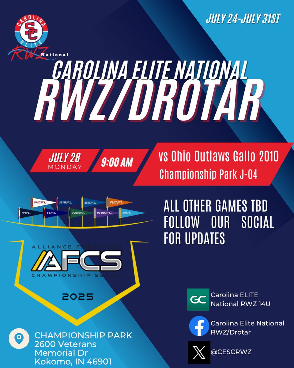 Carolina Elite National RWZ/Drotar (@cescrwz) on Twitter photo Back at it Monday for Day 4️⃣ of AFCS!
🆚 Ohio Outlaws Gallo 2010
📍Championship Park J-04
🕘 9:00 AM
#Trustandbelieve 🔥
🅱️E ELITE‼️
<a href="/taylor_watford_/">Taylor Watford</a> <a href="/CESC_Drotar/">Carolina Elite National Drotar</a> Back at it Monday for Day 4️⃣ of AFCS!
🆚 Ohio Outlaws Gallo 2010
📍Championship Park J-04
🕘 9:00 AM
#Trustandbelieve 🔥
🅱️E ELITE‼️
<a href="/taylor_watford_/">Taylor Watford</a> <a href="/CESC_Drotar/">Carolina Elite National Drotar</a>