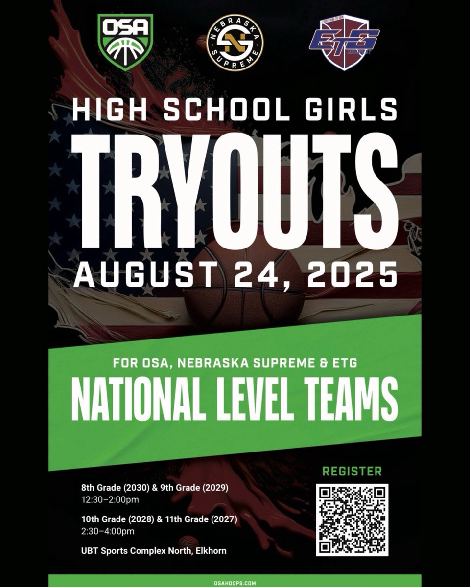 ‼️ High School Girls Tryouts ‼️

Come try out for OSA National, Nebraska Supreme Select 40 &amp; ETG 3SSB all under one roof! 

August 24th - UBT North - Elkhorn, NE
- c/o 2030 and 2029: 12:30-2PM
- c/o 2028 and 2027: 2:30-4PM

⬇️ REGISTER HERE ⬇️
osahoops.leagueapps.com/events/4691577…

#OSAHoops