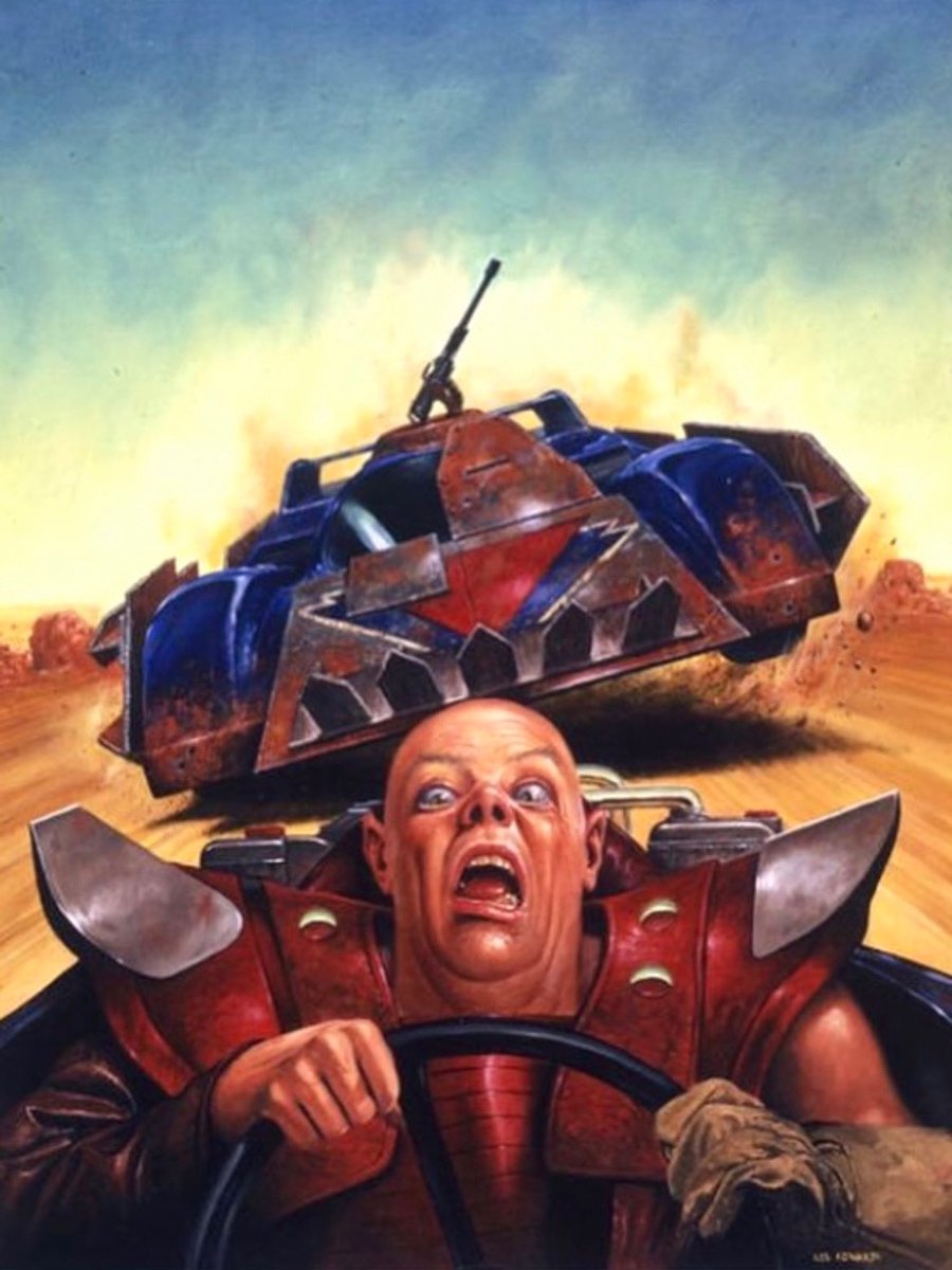 Fantastic art by Les Edward’s. This piece was used for the white line fever dark future supplement ( I think) heavily inspired by mad max I would say! 
.
#oldhammer #art #warhammercommunity #warhammer #warhammer40k #40k