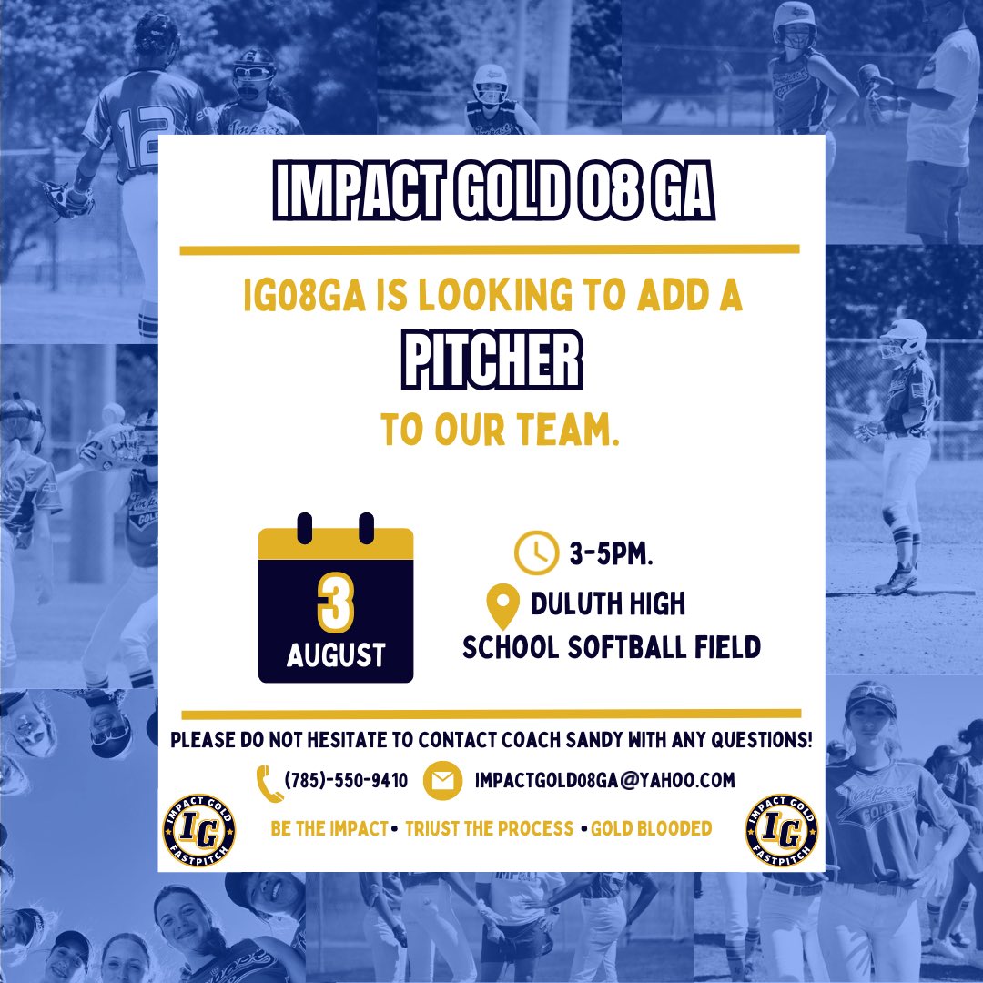 ImpactGold08GA's tweet image. Looking for pitchers that want to play with the best defense behind them! Come be a part of something special. You can come any time during the Aug 3, 3-5pm time frame just let coach know.