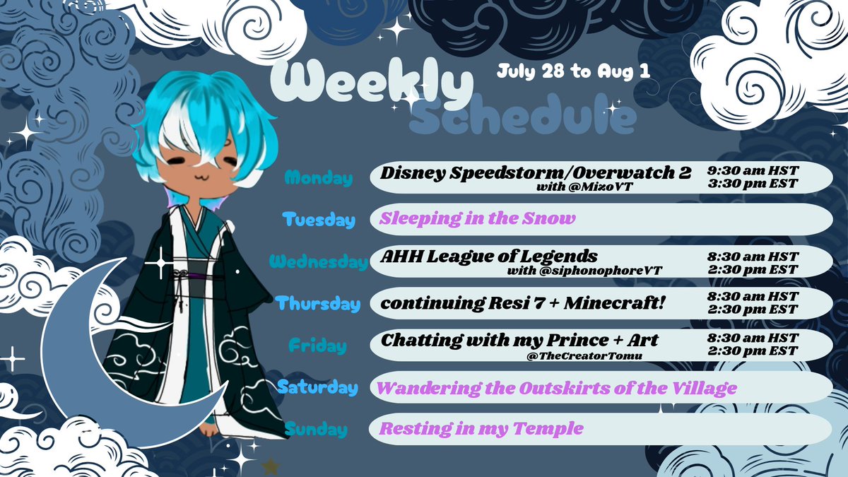 SenzJayVT's tweet image. ⋆。˚ ☁︎ ˚。⋆。˚☽˚。⋆
✦WEEKLY SCHEDULE✦
OMG 3 COLLABS THIS WEEKEUGGH
Monday gaming with @MizoVT
League w the Jellyfish @siphonophoreVT
And once again yapping away with My Prince @thecreatortomu
