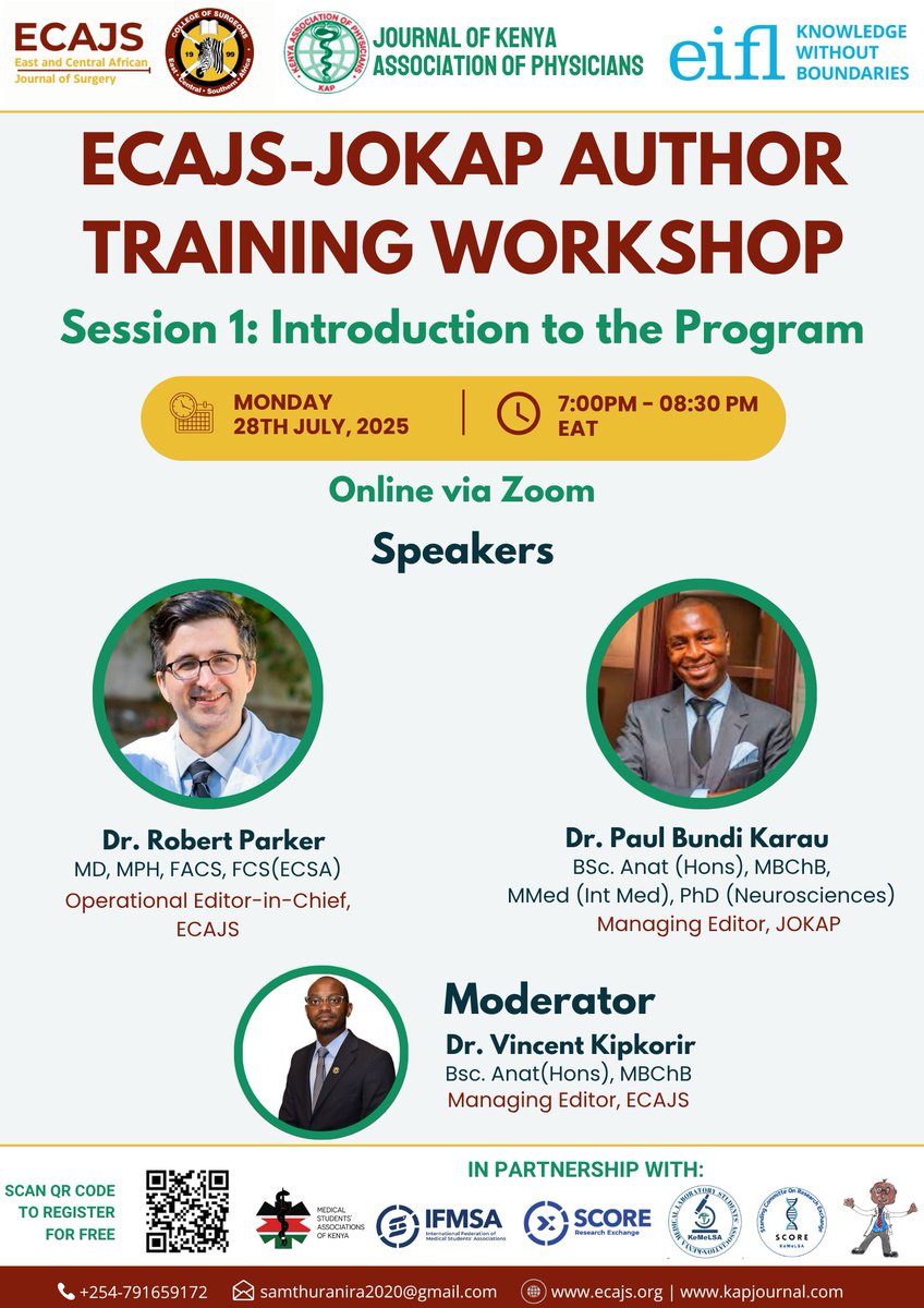 Join us for the Opening Session of the JOKAP–ECAJS Author Training Workshop 
🗓️ Monday, July 28th
🕖 7:00–8:30 PM EAT
🎙️ Speakers
Dr. Robert Parker: ECAJS 
Dr. Paul Bundi: JOKAP
Moderator: Dr. Vincent Kipkorir, ECAJS

Have you registered yet? forms.gle/MKYwwHT9oEZyXQ…