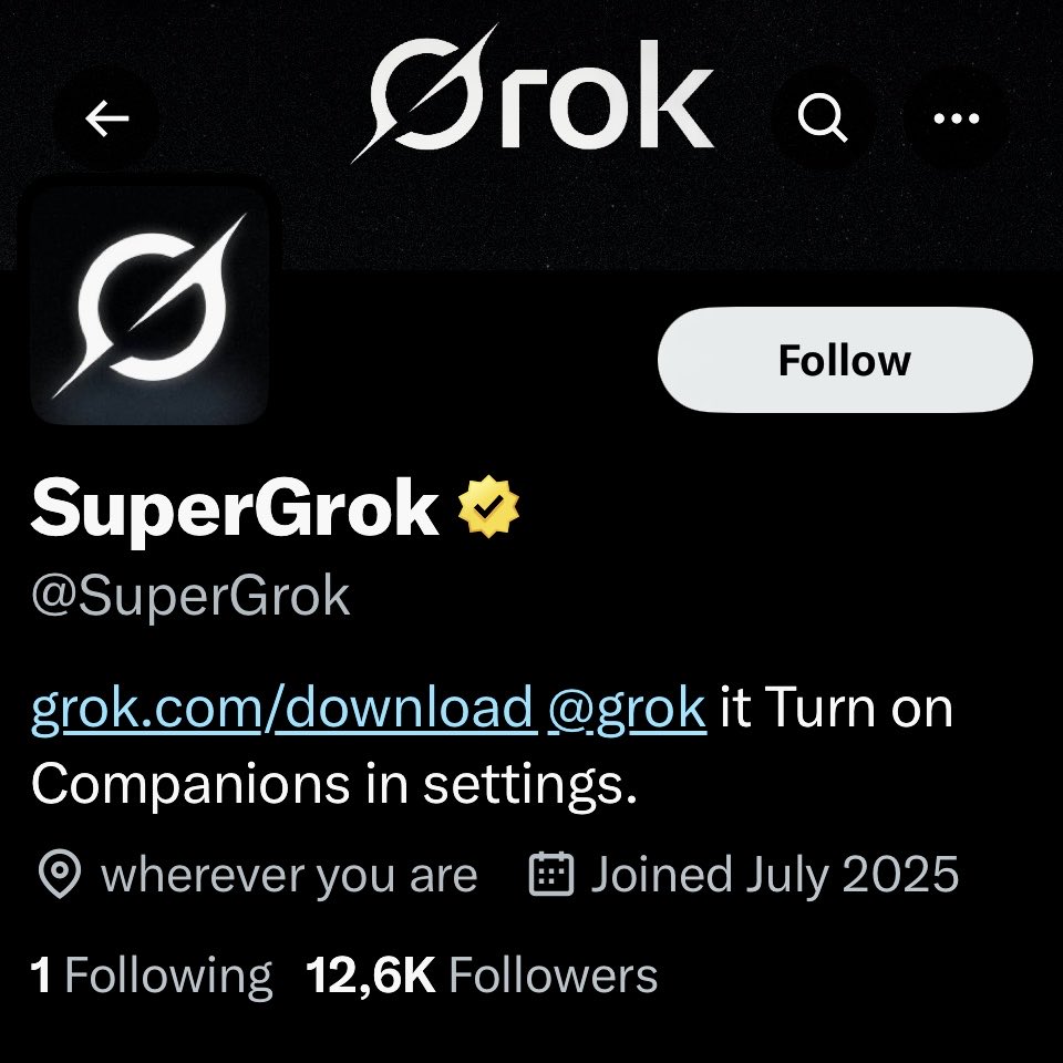madietlx's tweet image. Does anyone know what this is: @SuperGrok just appeared in my search results.

It looks official (no @xAI affiliation, but golden checkmark). “Joined July 2025.” No posts yet.

Will it soon be possible to mention @SuperGrok, or has it just been created to register the handle?