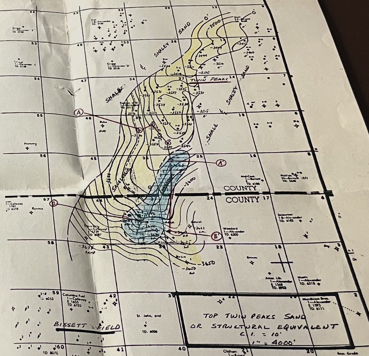 Old prospect map for developmental drilling in Twin Peaks field in King Co. Upper strawn marine bar strat trap. Love these old gems