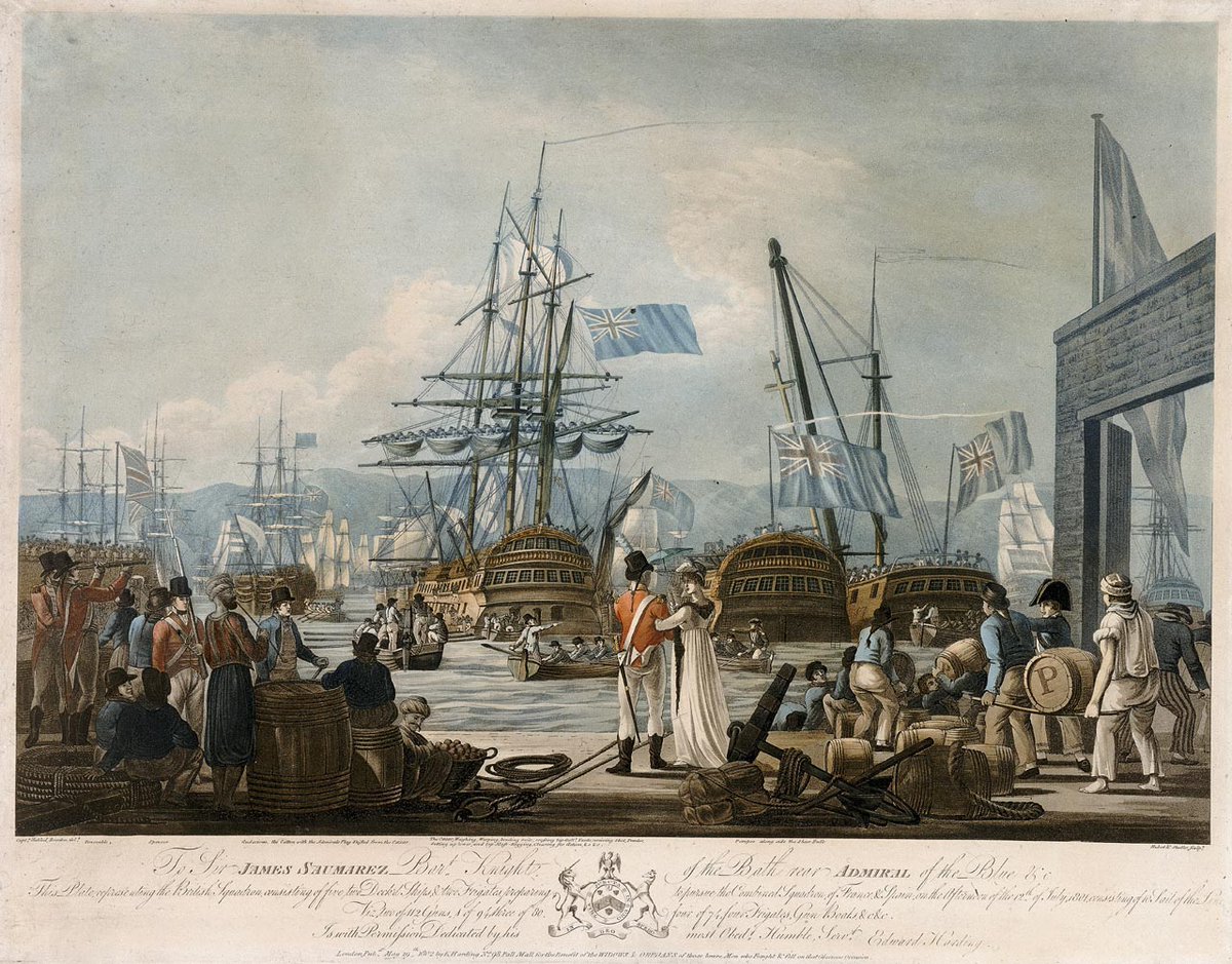 DockYardWall's tweet image. Captured French ships prepare to sail for England under Rear Admiral Sir James Saumarez, 1801. A bustling Royal Navy dockyard scene filled with sailors, marines, and farewells victory, logistics, and emotion all in one frame. 🇬🇧⚓ #NavalHistory #RoyalNavy #AgeOfSail