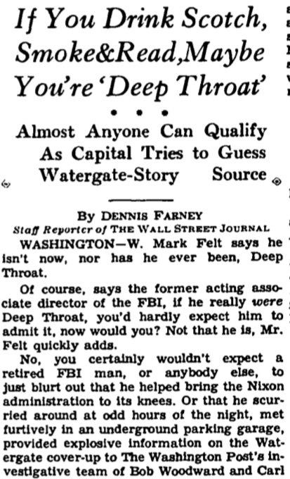 W. Joseph Campbell (@wjosephcampbell) on Twitter photo Was just reading the chapter in Graydon Carter’s #memoir about <a href="/VanityFair/">VANITY FAIR</a>’s article in 2005 confirming Mark Felt was #Watergate’s secret #DeepThroat source.
Carter writes he worried about getting the ID wrong. “A mistake of such magnitude becomes the stuff of legend,” he says. Was just reading the chapter in Graydon Carter’s #memoir about <a href="/VanityFair/">VANITY FAIR</a>’s article in 2005 confirming Mark Felt was #Watergate’s secret #DeepThroat source.
Carter writes he worried about getting the ID wrong. “A mistake of such magnitude becomes the stuff of legend,” he says.
