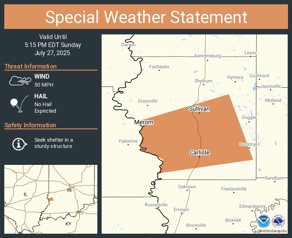 NWSIndianapolis's tweet image. A special weather statement has been issued for Sullivan IN, Carlisle IN and Merom IN until 5:15 PM EDT