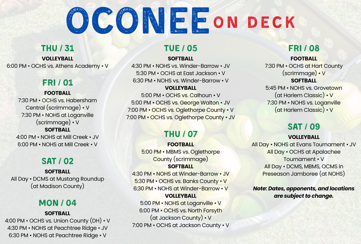 The start of school is still more than a week away, but the football, softball, and volleyball seasons are ready to get underway. OCS thanks the community for its support of all extracurricular activities. #OconeeFamily