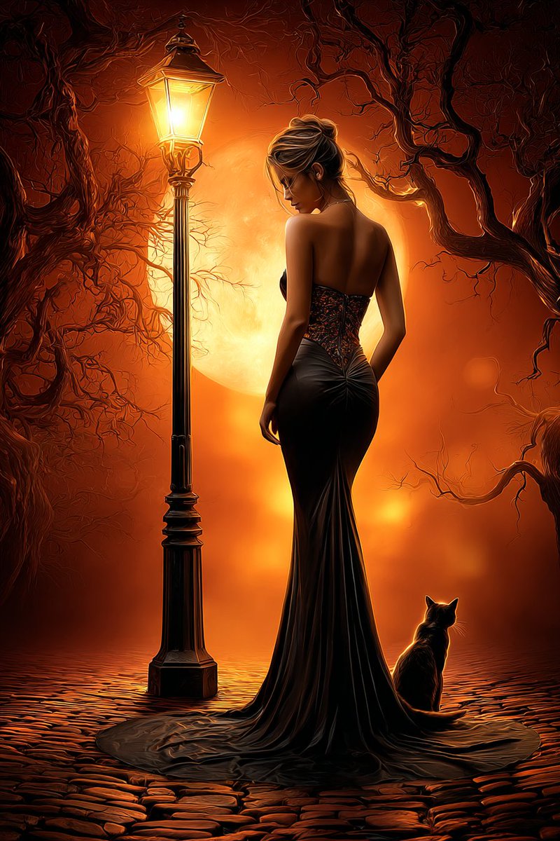 Maxime887812's tweet image. Under the dim glow of the streetlamp, a woman in a black gown lingered with her black cat, watching the full moon rise as she awaited a secret meeting on the cobblestone path.
👇Tap