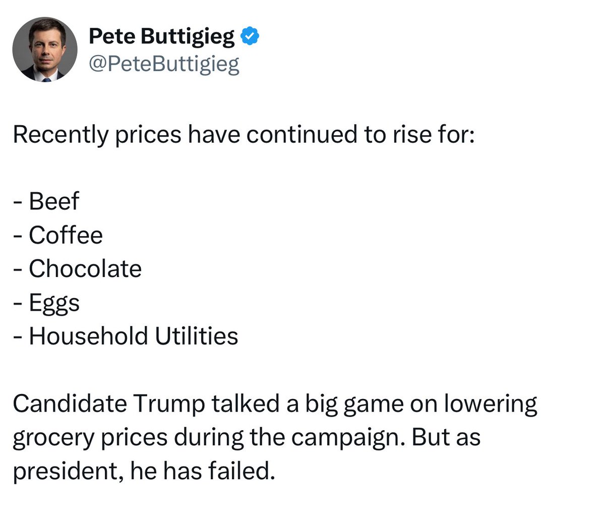 Pete Buttigieg just called out Trump for his failed campaign promises. Trump said he would “eliminate” inflation and that has not happened. He is a failure.