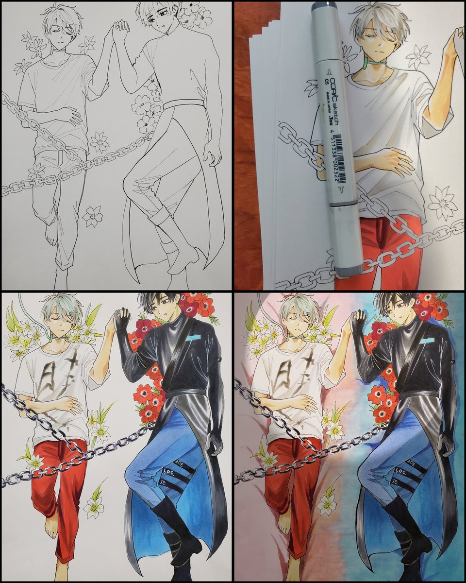 japanda1816's tweet image. A４に全身二人描いて塗りがパなくめんどくさかった(←アッ）一枚です(*･ω･)
途中で🌼を足しました。
ｴｲｽﾃﾊﾑ式のﾓｼｬｱﾚです⭐