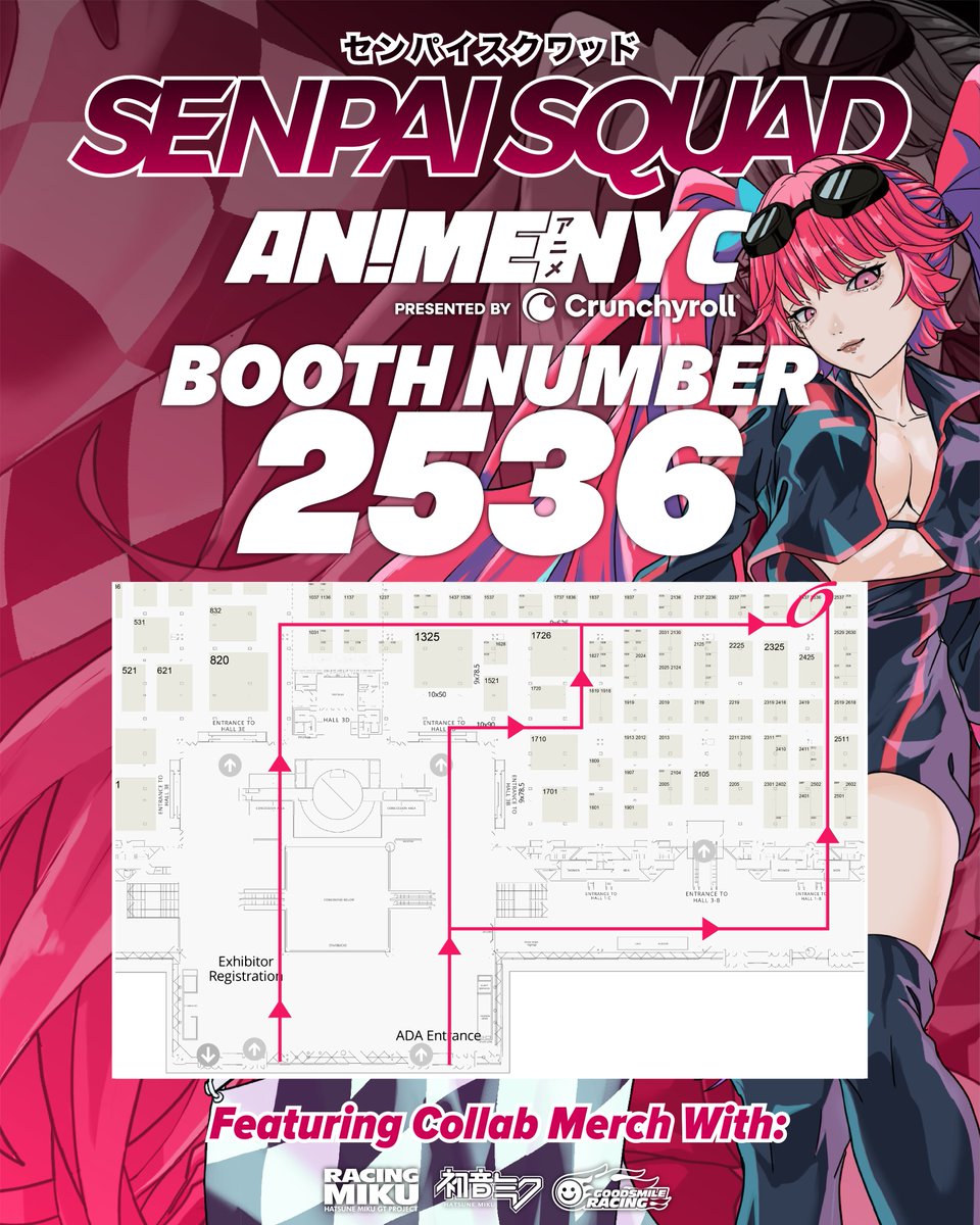 Senpai Squad is pulling up to Anime NYC 2025! 🚦 
Catch us at Booth 2536 all weekend long 🏁

🔥 Racing Miku 2025 x Goodsmile Racing x Senpai Squad Collab:
We’re bringing limited Anime NYC-only stock – hoodies, shirts, air fresheners, and decals. Once it’s gone, it’s gone!  

👕