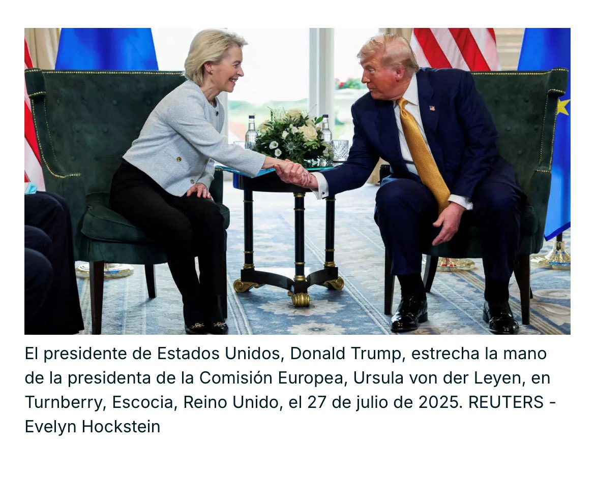 Pues Ursula von der Leyen ya amarró nuevo trato con Trump en Escocia -donde fue a ver su campo de golf- para los aranceles y tarifas a la Unión Europea… ¿Y la Cheyenne apá? A ver qué pasa aquí en MX…  😓 Foto: France 24.