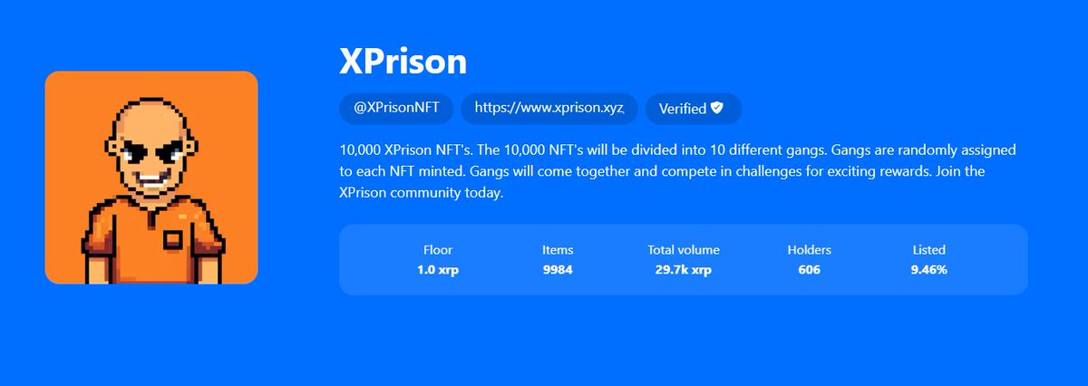 XPrisonNFT's tweet image. XPrison OG Collection stats: 🧡🔥

606 Holders!
29.7k Volume!
Under 10% Listed!
a 10k collection!
1.8 XRP floor price!

This is by far one of the strongest NFT projects on the XRPL. Make sure to pick some fire XPrison NFT&apos;s up if you haven&apos;t already! You don&apos;t want to miss out!…