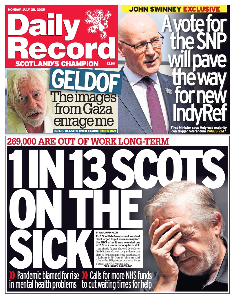 In tomorrow's Daily Record, The Scottish Government has been urged to put more money into the NHS after it was revealed one in 13 Scots is now on long-term sick #ScotPapers #TomorrowsPapersToday