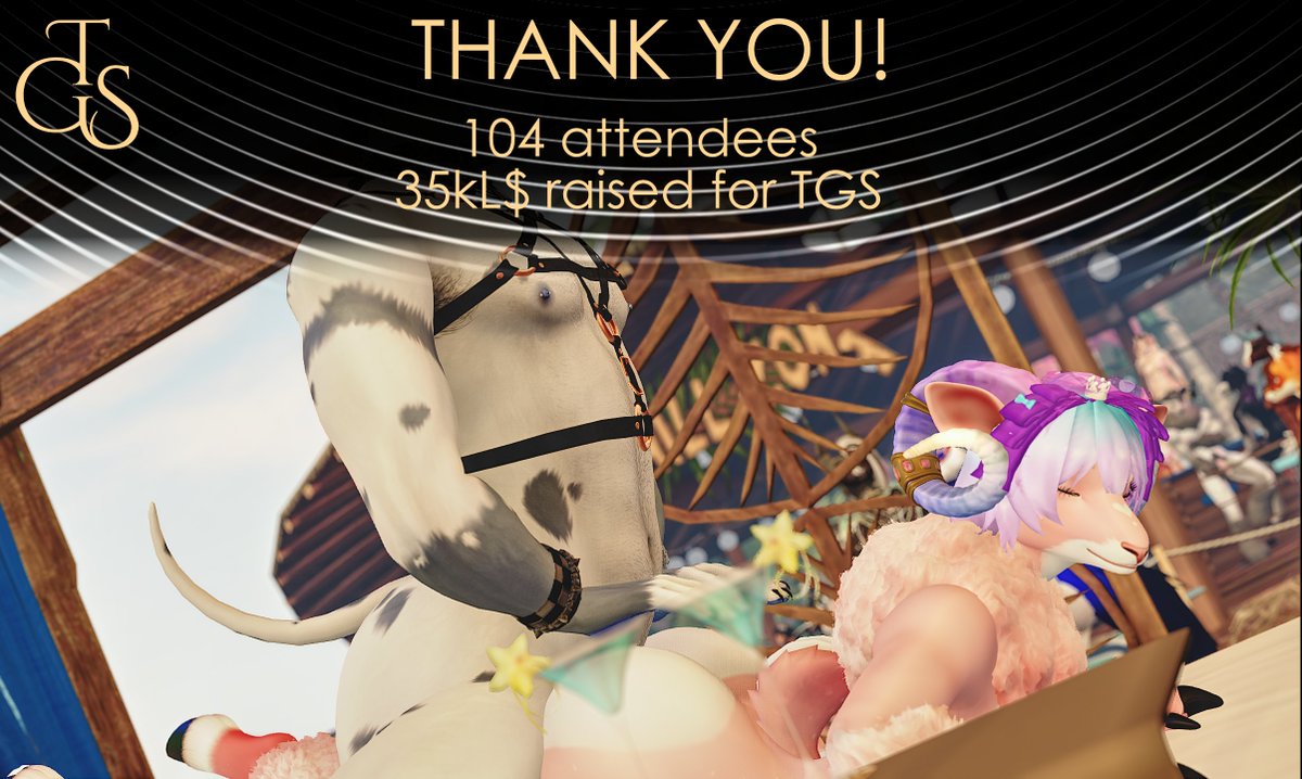THANK YOU FOR A RECORD-BREAKING ORGY! 

- 104 people
-98 people average attendance for SIX HOURS
- 35,000L$ raised for TGS

You are all what makes The Golden Stallion a special and unique place to be, and we couldn't do it without you. Thank you all!