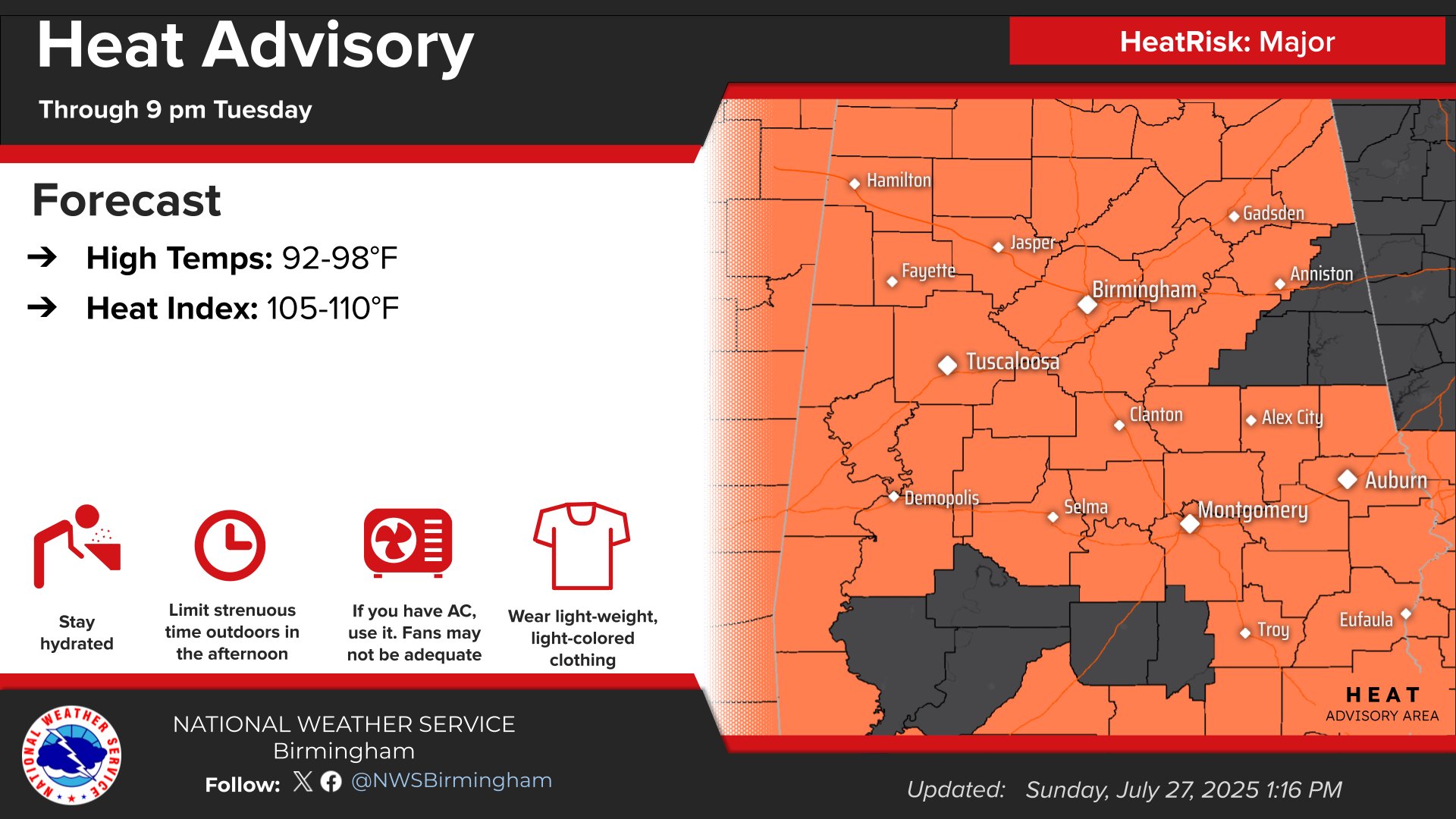 Much of the region is highlighted for a heat advisory, in effect through 9 pm Tuesday. Heat safety tips are shown for people and pets, including hydration, limiting strenuous outdoor activities, especially late morning through afternoon, and wearing light-weight, light-colored clothing.