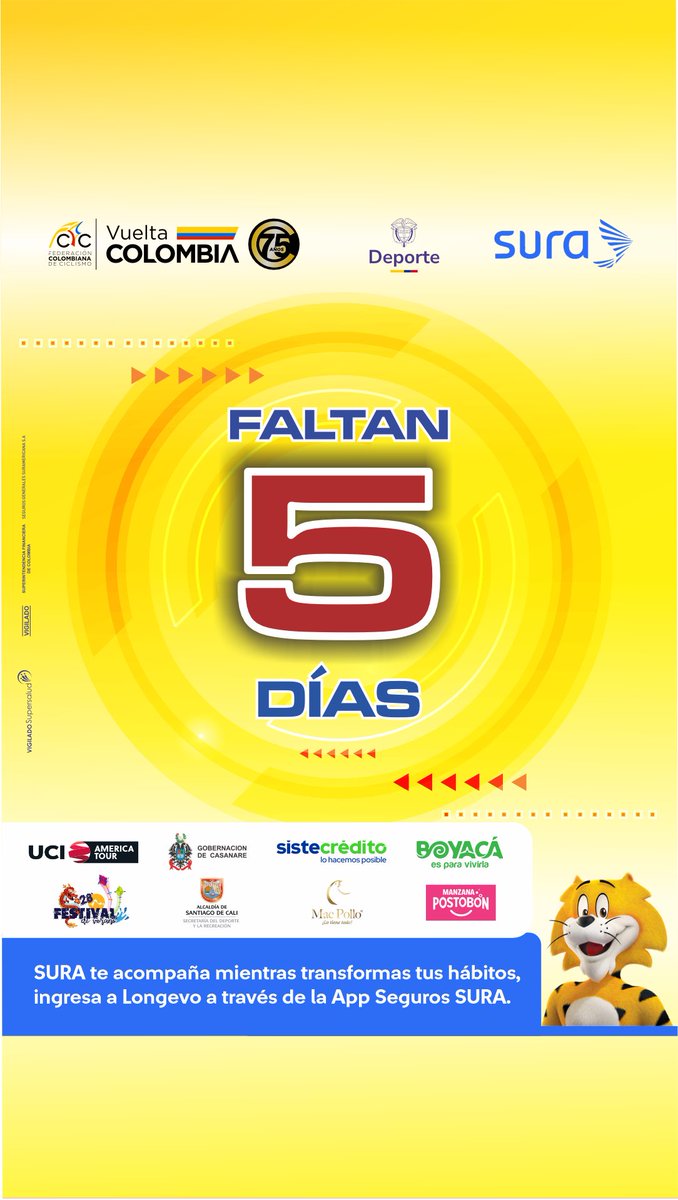 Vuelta a Colombia Oficial #VColombia2024 (@vueltacolombia1) on Twitter photo ¡EMPEZÓ EL CONTEO REGRESIVO -5️⃣!
<a href="/SegurosSURAcol/">Seguros SURA Colombia</a>, Aseguradora Oficial del Ciclismo Colombiano se prepara para vibrar con la Vuelta a Colombia UCI 2.2 <a href="/MinDeporteCol/">Ministerio del Deporte</a> y acompañar a los grandes campeones del ciclismo nacional e internacional.
#VColombia2025 ¡EMPEZÓ EL CONTEO REGRESIVO -5️⃣!
<a href="/SegurosSURAcol/">Seguros SURA Colombia</a>, Aseguradora Oficial del Ciclismo Colombiano se prepara para vibrar con la Vuelta a Colombia UCI 2.2 <a href="/MinDeporteCol/">Ministerio del Deporte</a> y acompañar a los grandes campeones del ciclismo nacional e internacional.
#VColombia2025