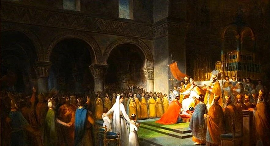 FranckAbed's tweet image. Le 28 juillet 754, un événement majeur scelle une alliance durable entre la Papauté et la monarchie franque : le sacre de Pépin le Bref par le Pape Étienne II à Saint-Denis. 

Ce couronnement, inédit par la présence du Pape en personne, confère une dimension sacrée et divine au…