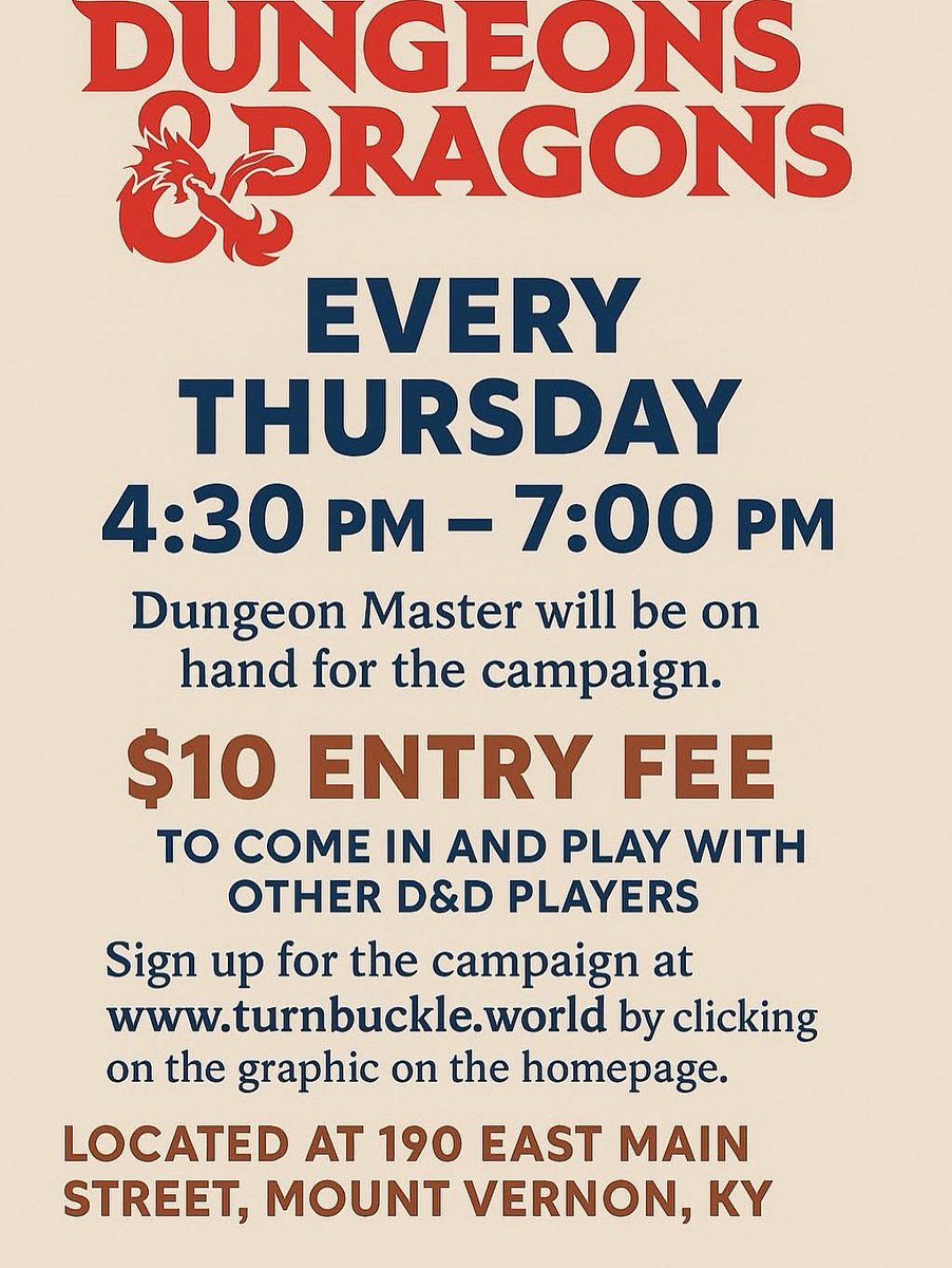 TurnbuckleWorld's tweet image. Sign up at turnbuckle.world click on the D&D banner and only $10 entry fee! Will have Dungeon Master on site. If you are interested in a Saturday Campaign as well let us know! Of course proceeds from the $10 entry fee each week helps our Dungeon Master. Can’t wait to see…