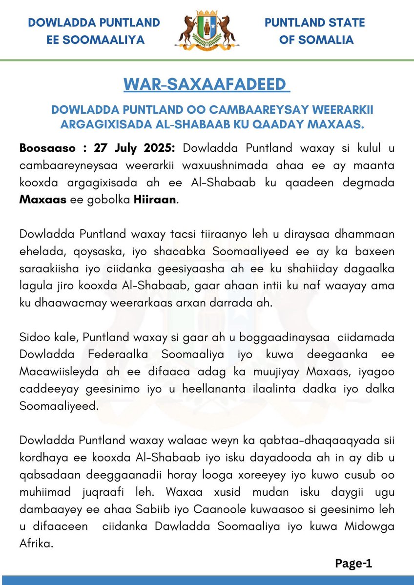 Pldefenceforce's tweet image. WAR- SAXAAFADEED : DOWLADDA PUNTLAND OO CAMBAAREYSAY WEERARKII ARGAGIXISADA AL-SHABAAB KU QAADAY DEGMADA MAXAAS.