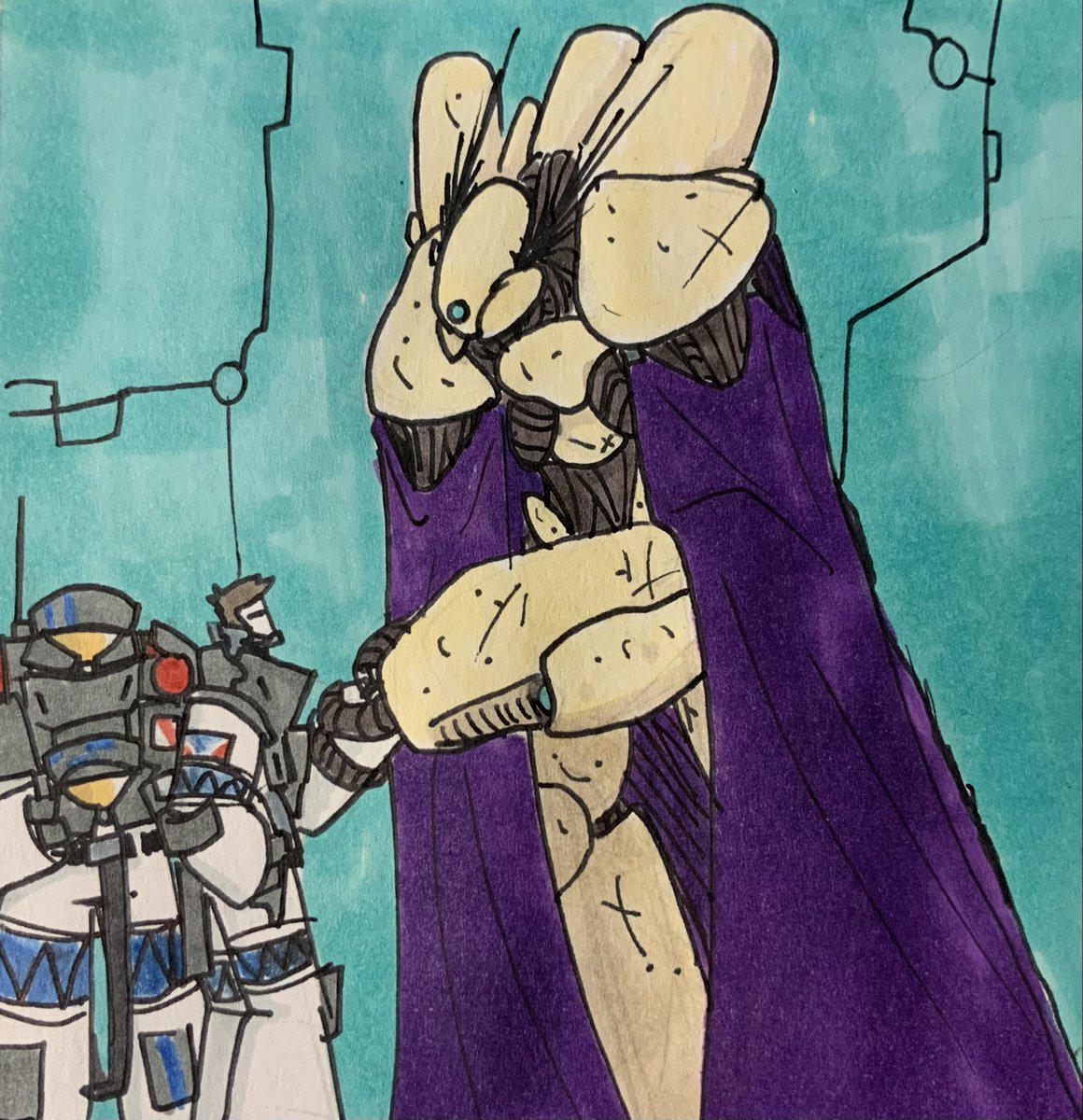 Lambdafallout12's tweet image. A doodle of some humans hiring the War services of a Biomechanical Syphix War-Host