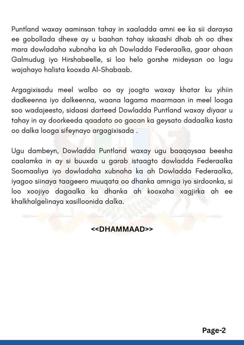 Plpoliceforce's tweet image. WAR- SAXAAFADEED : DOWLADDA PUNTLAND OO CAMBAAREYSAY WEERARKII ARGAGIXISADA AL-SHABAAB KU QAADAY DEGMADA MAXAAS.