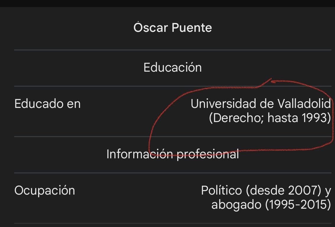 ATopeFeliz's tweet image. รscar Puente finalizรณ su carrera de Derecho en 1993.
ยฟCรณmo va a cursar un mรกster en el aรฑo 1991 y 92?
ยฟ2 aรฑos antes de acabar la carrera?.
No se puede hacer, sin esa titulaciรณn previa, no te permiten ni inscribirte @oscarlopeztwit @patxilopez @felixbolanosg