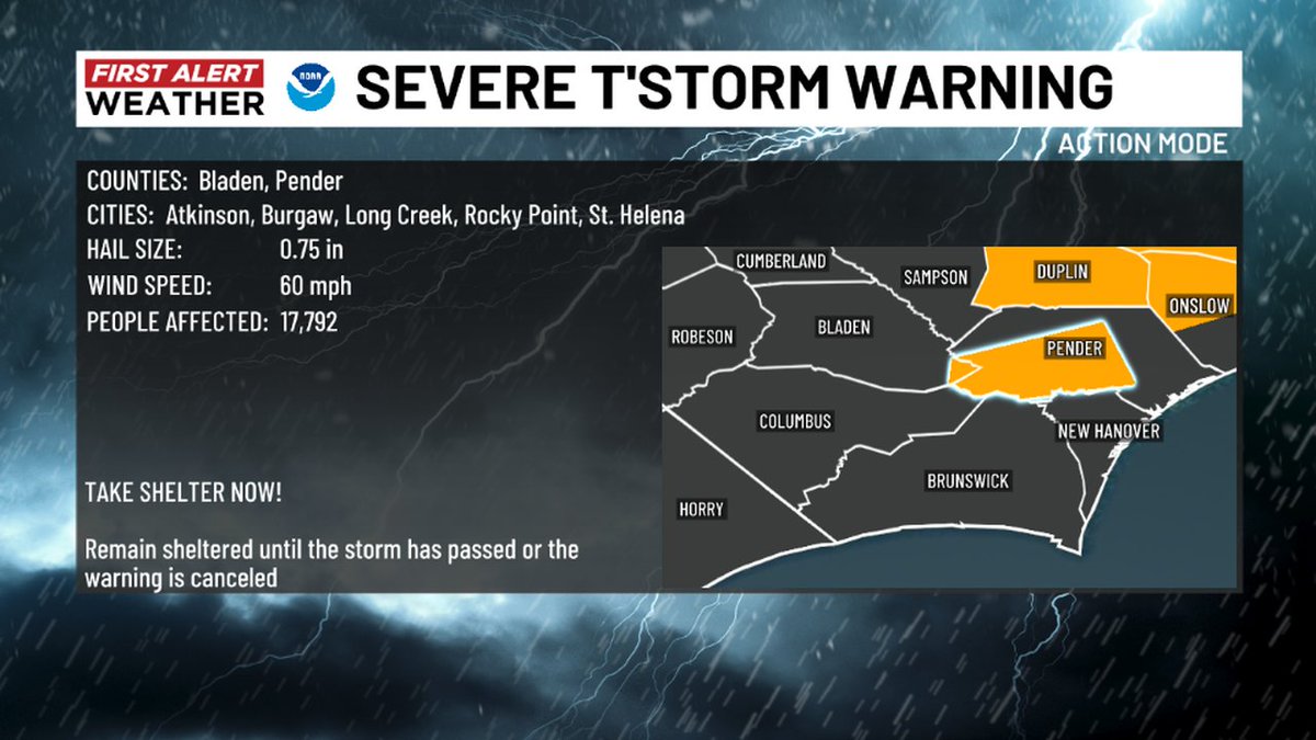 Gannon Medwick (@medwick) on Twitter photo The National Weather Service has issued a Severe Thunderstorm Warning for the highlighted area. Please seek shelter in a sturdy structure until the storm passes and continue to stay alert with your WECT Weather App.
RADAR: wect.com/weather
#WECTwx #ILMwx The National Weather Service has issued a Severe Thunderstorm Warning for the highlighted area. Please seek shelter in a sturdy structure until the storm passes and continue to stay alert with your WECT Weather App.
RADAR: wect.com/weather
#WECTwx #ILMwx