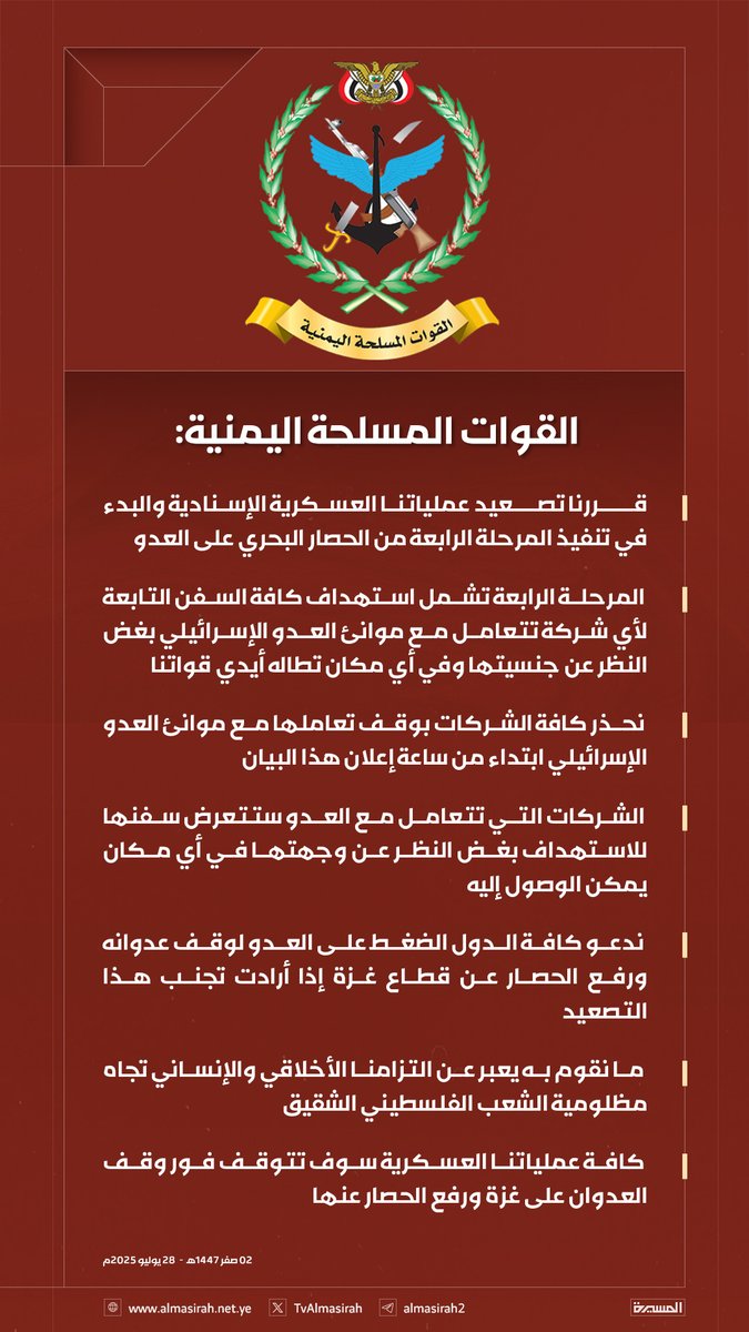 🟥 بيان القوات المسلحة اليمنية بشأن قرار تصعيد العمليات العسكرية الإسنادية والبدء في تنفيذ المرحلة الرابعة من الحصار البحري على العدو، وتشمل استهداف كافة السفن التابعة لأي شركة تتعامل مع موانئ العدو الإسرائيلي بغض النظر عن جنسيتها وفي أي مكان تطاله أيدي قواتنا  02-02-1447هـ