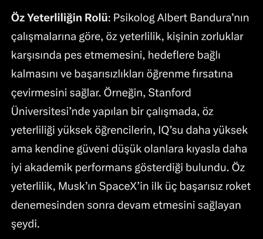 Grok, öz yeterliliğin önemini iyi anlatmış. Ama eksik kalmış. Elimden geleni yaptım demekle daha iyisini yapabilirim demek arasında dağlar kadar fark vardır.Biri kısıtlar diğeri ufkumuzu açar. Bana göre özyeterlilik tam da budur.