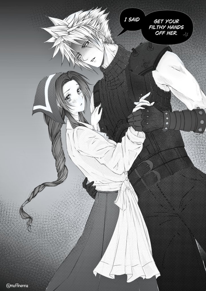 Muffinenna's tweet image. When I play low poly games, I tend to imagine romantic moments, such as this one, as lovey-dovey shoujo manga scenes. And when I find the time, I draw those silly imaginations. Here's one of them 🥰🥰🥰 #Clerith #FinalFantasy