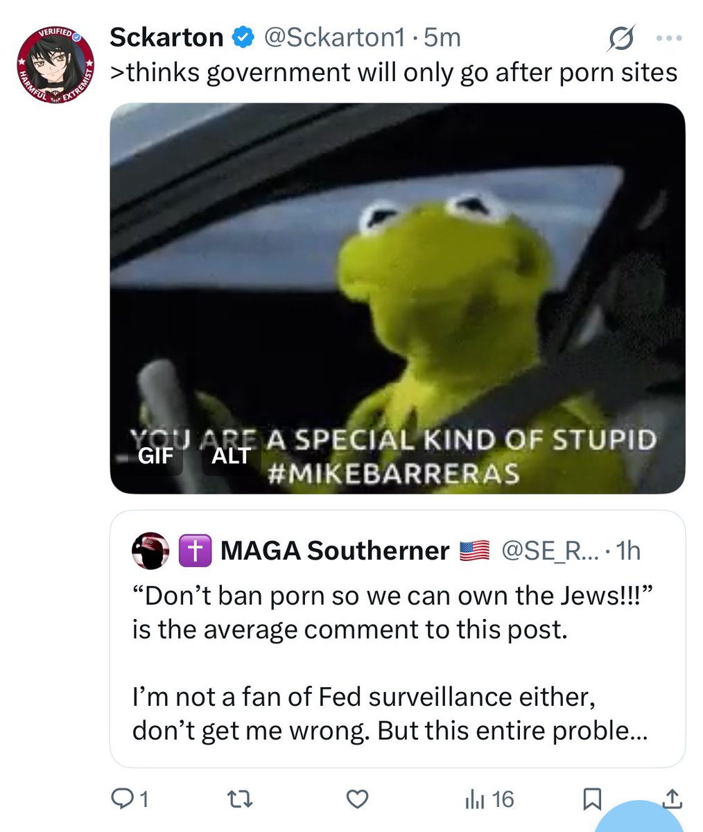 SE_RepublicanFL's tweet image. Why is it that anyone who claims banning porn uses censorship as a front to distract from the fact that they’re a MASSIVE gooner? EVERY QT and reply to my earlier post is from a hentai gooner or other.
Yes, using the federal government to enforce morality is based. Cope harder!