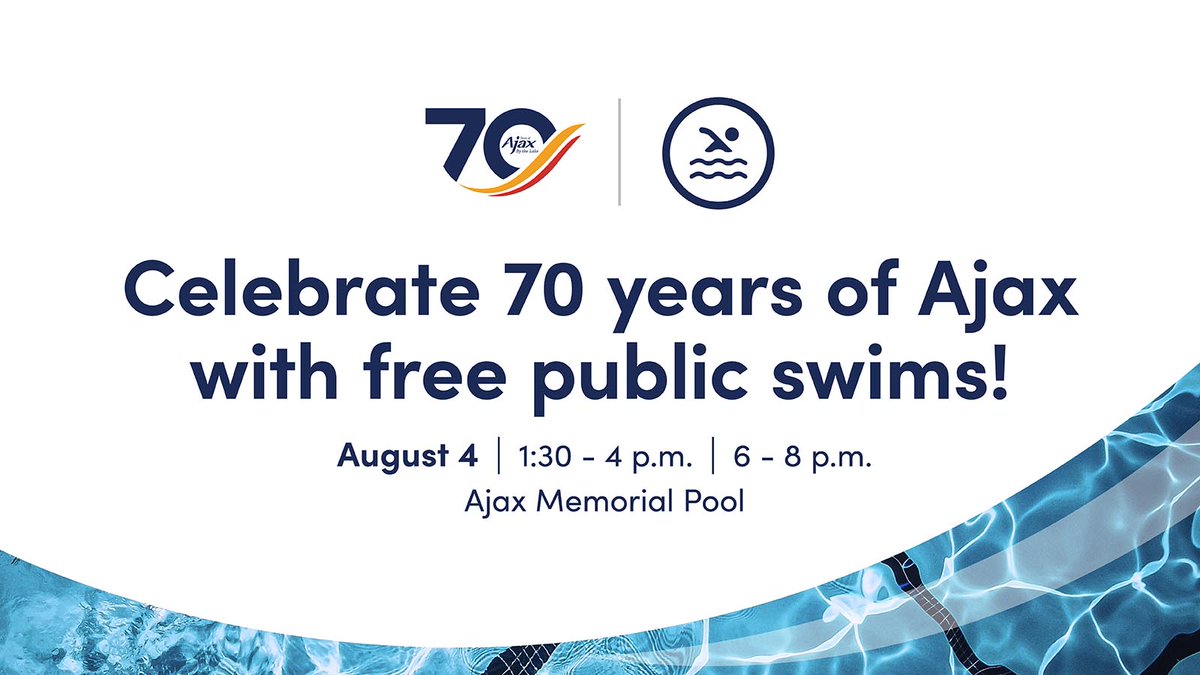 TownOfAjax's tweet image. Hey Ajax – We're celebrating 70 years! 🎉
Join us on August 4 for a day of FREE public swims at Ajax Memorial Pool from 1:30 to 4 p.m. and 6 to 8 p.m. 🏊♀️
We're also coming together to support those facing food insecurity. If you can, please bring a non-perishable food item to…