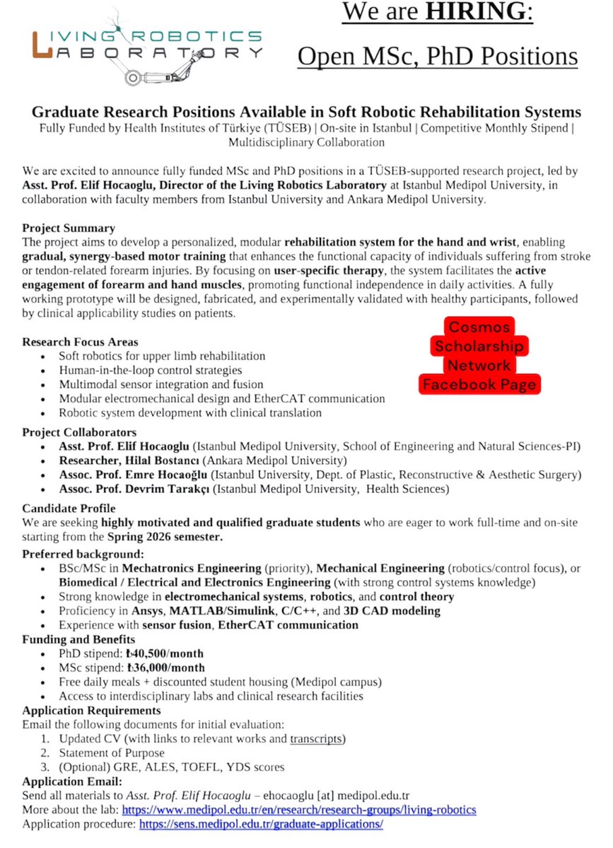 ObengCosmos's tweet image. Excited to announce fully funded MSc and PhD positions in a TÜSEB-supported research project, led by Asst. Prof. Elif Hocaoglu, Director of the Living Robotics Laboratory at Istanbul Medipol University, in collaboration with faculty members from Istanbul University and Ankara…